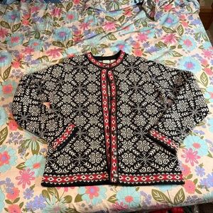 LL Bean Lambswool Black and White Fair Isle Nordic Cardigan with Red Accents